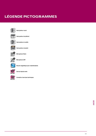 LÉGENDE PICTOGRAMMES



            Haut-parleur mural




            Haut-parleur de plafond




            Haut-parleur en saillie




            Haut-parleur encastré




  FILAIRE




            Microphone UHF
   UHF




            Boucle magnétique pour malentendants




            Service Après-vente
   SAV




            Conseils et services techniques




                                                         AXCEB




                                                   301
 