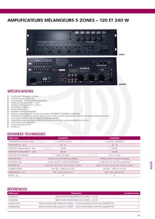 AMPLIFICATEURS MÉLANGEURS 5 ZONES – 120 ET 240 W




                                                     AVANT




                                                     ARRIÈRE



SPÉCIFICATIONS




DONNÉES TECHNIQUES
Références           ACBAM120                 ACBAM240




                                                                             AXCEB




                        13




RÉFÉRENCES
Références                      Désignation               Conditionnement
                                                                       1
                                                                       1
                                                                       1
                                                                       1



                                                                       303
 
