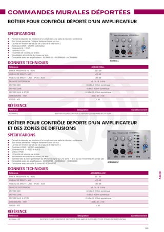 COMMANDES MURALES DÉPORTÉES
BOÎTIER POUR CONTRÔLE DÉPORTÉ D’UN AMPLIFICATEUR

SPÉCIFICATIONS




                                                      ACBWALL
DONNÉES TECHNIQUES
Référence                              ACBAM WALL




                                           1.30


RÉFÉRENCE
Référence                Désignation                             Conditionnement
                                                                               1




BOÎTIER POUR CONTRÔLE DEPORTE D’UN AMPLIFICATEUR
ET DES ZONES DE DIFFUSIONS
SPÉCIFICATIONS




                                                     ACBWALL5Z


DONNÉES TECHNIQUES
                                                                                    AXCEB



Référence                              ACBAMWALL5Z




                                           1.30


RÉFÉRENCE
Référence                Désignation                             Conditionnement
                                                                              1



                                                                              309
 