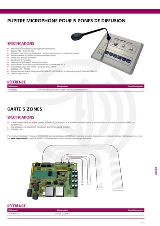 PUPITRE MICROPHONE POUR 5 ZONES DE DIFFUSION




SPÉCIFICATIONS




RÉFÉRENCE
Référence             Désignation              Conditionnement
                                                            1




CARTE 5 ZONES
SPÉCIFICATIONS




  www.cae-groupe.fr




                                                                  AXCEB




RÉFÉRENCE
Référence             Désignation              Conditionnement
                                                            1



                                                            311
 