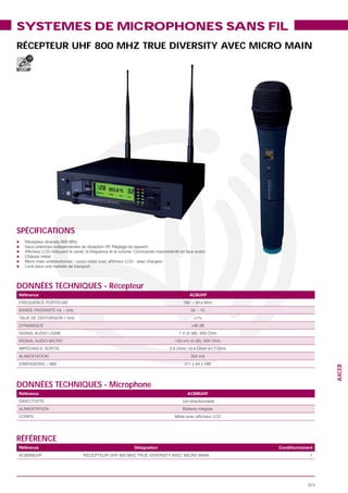 SYSTEMES DE MICROPHONES SANS FIL
RÉCEPTEUR UHF 800 MHZ TRUE DIVERSITY AVEC MICRO MAIN

UHF




SPÉCIFICATIONS




DONNÉES TECHNIQUES - Récepteur
Référence                                ACBUHF




                                           <1%




                                          300 mA
                                                                     AXCEB




DONNÉES TECHNIQUES - Microphone
Référence                                ACBMUHF




RÉFÉRENCE
Référence                  Désignation             Conditionnement
                                                                1




                                                               313
 