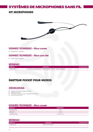 SYSTÈMES DE MICROPHONES SANS FIL
KIT MICROPHONES




DONNEES TECHNIQUES – Micro cravate
l	DIRECTIVitÉ : Cardioïde



DONNEES TECHNIQUES – Micro serre tête
l	DIRECTIVitÉ : Cardioïde




référence
 Référence                                                      Désignation                        Conditionnement
 ACBSCUHF                            KIT MICROS COMPRENANT 1 MICRO SERRE TÊTE ET 1 MICRO CRAVATE                1




ÉMETTEUR POCKET POUR MICROS


SPéCIFICATIONS
l	   Émetteur de ceinture ultraléger et robuste
l	   Réglage de volume
l	   Écran LCD indiquant le canal, la fréquence, et le volume
l	   Accroche par pince clip




données techniques – Micro cravate
 Référence                                                                        ACBEMPUHF
 MODULATION                                                                            FM
 ÉMISSION                                                                            > 40 dB
 ALIMENTATION                                                                     1 x PILE 1.5 V




référence
 Référence                                                          Désignation                    Conditionnement
 ACBEMPUHF                                                      ÉMETTEUR POCKET                                 1



18
 