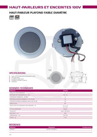HAUT-PARLEURS ET ENCEINTES 100V
HAUT-PARLEUR PLAFOND FAIBLE DIAMÈTRE




SPÉCIFICATIONS




DONNÉES TECHNIQUES
 Référence                            ACBCS2




                                        6
                                        91
                                        99
                                       89°




RÉFÉRENCE
 Référence              Désignation            Conditionnement
                                                            1



318
 