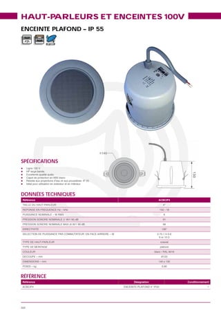 HAUT-PARLEURS ET ENCEINTES 100V
ENCEINTE PLAFOND – IP 55

             IP 55




SPÉCIFICATIONS




DONNÉES TECHNIQUES
 Référence                               ACBCIP4




                                            6
                                           91
                                           98
                                          136°




RÉFÉRENCE
Référence                  Désignation             Conditionnement
                                                                1




320
 