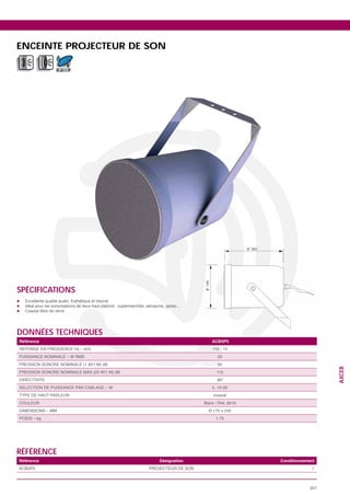 ENCEINTE PROJECTEUR DE SON

            IP 55




SPÉCIFICATIONS




DONNÉES TECHNIQUES
Référence                             ACBSP5


                                       20
                                       92
                                                                 AXCEB




                                       115
                                       80°




                                       1.75




RÉFÉRENCE
Référence               Désignation            Conditionnement
                                                            1



                                                           327
 