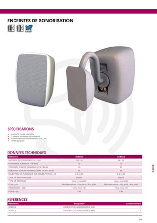 ENCEINTES DE SONORISATION

             IP 44




SPÉCIFICATIONS




DONNÉES TECHNIQUES
Références                   ACBCC4       ACBCC5


                                70          75
                                                                     AXCEB



                                85          85
                                93          96




                                           2.30



RÉFÉRENCES
Références                  Désignation            Conditionnement
                                                                1
                                                                1



                                                               329
 