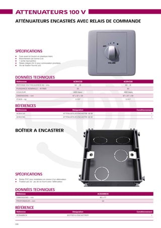 ATTENUATEURS 100 V
ATTÉNUATEURS ENCASTRÉS AVEC RELAIS DE COMMANDE




SPÉCIFICATIONS




DONNÉES TECHNIQUES
 Références            ACBVC30                 ACBVC60


                          30                     60




                         0.157                  0.317


RÉFÉRENCES
 Références           Désignation                        Conditionnement
                                                                      1
                                                                      1




BOÎTIER A ENCASTRER




SPÉCIFICATIONS



DONNÉES TECHNIQUES
 Référence                          ACBAMBOX


                                       52


RÉFÉRENCE
 Référence            Désignation                        Conditionnement
                                                                       1



330
 