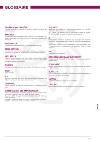 GLOSSAIRE




ALIMENTATION FANTÔME                DIVERSITY


AMPLIFIER
                                    IP

ATTÉNUATEUR

APPEL GÉNÉRAL
                                    PA

BASS REFLEX                         RACCORDEMENT BASSE IMPÉDANCE



BOOMER                              RENDEMENT


BRUIT                               RONFLETTE

BUS
                                    SOURCE

CARDIOÏDE                           TWEETER


CLASSIFICATION DES AMPLIFICATEURS


                                                                   AXCEB
 