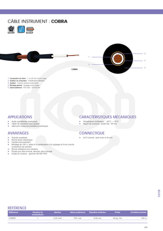CÂBLE INSTRUMENT : COBRA

MOBILE                ASYM




                                                                            2
                                                  1
                                                                            4

                                                  3
                                                                            5
                                      COBRA



1.
2.
3. Isolation
4.
5. Gaine extérieure     oir




APPLICATIONS                                  CARACTÉRISTIQUES MÉCANIQUES



AVANTAGES                                     CONNECTIQUE



     Bonne résistance aux tractions




                                                                                  S2CEB




RÉFÉRENCE

                                  1



                                                                            353
 