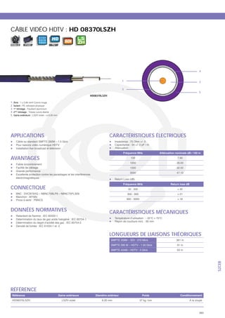 CÂBLE VIDÉO HDTV : HD 08370LSZH
                0 11 0 1
                           HD
                0010
                11 0 0 1        SDI
MOBILE   FIXE




                                                                                           4


                                                          1                                2

                                                          3
                                                                                           5
                                      HD08370LSZH

1.
2.
3. 1er
4. 2
5.




APPLICATIONS                                        CARACTÉRISTIQUES ÉLECTRIQUES



AVANTAGES                                                       100         7.90
                                                                1000        26.00
                                                                1500        32.50
                                                                3000        47.10

                                                     Return L


CONNECTIQUE



DONNÉES NORMATIVES                                  CARACTÉRISTIQUES MÉCANIQUES



                                                    LONGUEURS DE LIAISONS THÉORIQUES
                                                                                                 S2CEB




RÉFÉRENCE
                                                                                    À la coupe



                                                                                           383
 