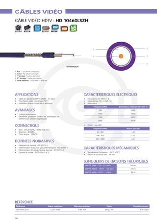 CÂBLES VIDÉO
CÂBLE VIDÉO HDTV : HD 10460LSZH
                0 11 0 1
                                  HD
                0010
                11 0 0 1               SDI
MOBILE   FIXE              ASYM




                                                             2                                3



                                                             1                                4



                                                                                              5
                                         HD10460LSZH

1.
2.
3. 1er
4. 2
5.




APPLICATIONS                                           CARACTÉRISTIQUES ÉLECTRIQUES



AVANTAGES                                                          100         6.00
                                                                   1000        19.30
                                                                   1500        24.00
                                                                   3000        35.00


CONNECTIQUE                                             Return L




DONNÉES NORMATIVES
                                                       CARACTÉRISTIQUES MÉCANIQUES


                                                       LONGUEURS DE LIAISONS THÉORIQUES




RÉFÉRENCE
                                                                                       À la coupe



384
 