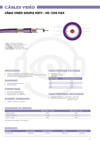 CÂBLES VIDÉO
CÂBLE VIDÉO SOUPLE HDTV : HD 1250 FLEX



                                                                                        5
                                                                                                                                                    3

                                                                                        1                                                           4


                                                                                        2




1. Âme : 7 x 0,40 mm cuivre rouge
2. Isolant : PE cellulaire physique Ø 5 mm
3. 1er blindage : Feuillard aluminium
4. 2éme blindage : Tresse cuivre étamé
5. Gaine extérieure : PVC violet – Ø 6,95 mm




applICATIONs                                                                 caractéristique électrique
l	     Câble pour liaison vidéo numérique HDTV mobile.                       l	    Impédance : 75 Ω
l	     Liaisons vidéo HDTV 1,5 Gb/s au standard SMPTE 292 M et HDTV 3 Gb/s   l	    Capacitance : 54 pF/m
	      au standard SMPTE 424M sur grandes longueurs                          l	    Atténuation :
                                                                                 Fréquence MHz         Atténuation nominale dB / 100 m

avantages                                                                        100                                6.60

l	     Grande performance électrique                                             1000                               21.20
l	     Grande souplesse                                                          1500                               26.40
                                                                                 3000                               39.40
Connectique
l	     BNC Neutrik : NBNC75BXU13
l	     Pince à sertir Neutrik : HXRBNC
l	     Machoire Neutrik : DIER BNC PDC                                       caractéristiques mécaniques
                                                                             l	
                                                                              Température d’utilisation : poste mobile : -10°C +70°C

DONNéES NORMATIVES                                                           l	
                                                                              Rayon de courbure minimum :	 poste mobile : 35 mm
                                                                             							 poste fixe : 70 mm
l	     Retardant de flamme : IEC 60332-1




LONGUEURS DE LIAISONS
                                                                 SMPTE 292 M – 1.5 Gb/s                            SMPTE 424 M – 3 Gb/s
    Longueur de test                                                     212 m                                               130 m
    Longueurs de réserve                                                2 x 10 m                                            2 x 10 m
    Longueur validée                                                     232 m                                               150 m

Tests effectués et validés par la Ste Tektronix.




références
    Référence                              Gaine extérieure        Diamètre extérieur                      Poids                 Conditionnement
    HD1250FLEX                                PVC violet                6.95 mm                       53 kg / km                       A la coupe



                                                                                                                                                    29
 