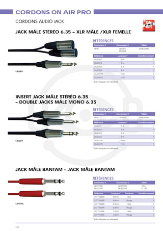 CORDONS ON AIR PRO
CORDONS AUDIO JACK

JACK MÂLE STÉRÉO 6.35 – XLR MÂLE /XLR FEMELLE

                              RÉFÉRENCES
                               Connecteur 1             Connecteur 2               Câble
                               NP3C                          NC3FX
                                                             NC3MX

                               Référence                 Longueur*              Conditionnement
                               CAJ2X11                         1m                            1
                               CAJ2X12                         2m                            1
                               CAJ2X13                         3m                            1
                               CAJ2X15                         5m                            1
CAJ2X11
                               CAJ2X110                       10 m                           1
                               CAJ2X115                       15 m                           1

                              * Autre longueur sur demande




INSERT JACK MÂLE STÉRÉO 6.35
– DOUBLE JACKS MÂLE MONO 6.35
                              RÉFÉRENCES
                               Connecteur 1             Connecteur 2               Câble
                               NP3C                          2 x NP2C

                               Référence                 Longueur*              Conditionnement
                               CAJ2J11                         1m                            1
                               CAJ2J12                         2m                            1
                               CAJ2J13                         3m                            1
                               CAJ2J15                         5m                            1

CAJ2J11                        CAJ2J110                       10 m                           1
                               CAJ2J115                       15 m                           1

                              * Autre longueur sur demande




JACK MÂLE BANTAM – JACK MÂLE BANTAM
                              RÉFÉRENCES
                               Connecteur 1             Connecteur 2               Câble




                               Référence          Longueur*          Couleurs   Conditionnement
                                                    0.60 m              Noir                  1
                                                    0.60 m            Rouge                   1
CATT1XX                                             0.90 m              Noir                  1
                                                    0.90 m            Rouge                   1
                                                    1.50 m              Noir                  1
                                                    1.50 m            Rouge                   1

                              * Autre longueur sur demande



418
 