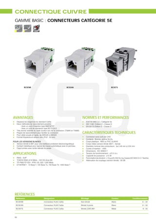 CONNECTIQUE CUIVRE
  GAMME BASIC : CONNECTEURS CATÉGORIE 5E

                         EMC




            BC5ENB                                             BC5EAN                                                 BC5EFS




AVANTAGES                                                                          NORMES ET PERFORMANCES
    Dépasse les exigences du standard Cat5e                                             EIA/TIA 568-C.2 – Catégorie 5e
    Deux méthodes de raccordement possible :                                            ISO 11801 Édition 2 – Classe D
        - Avec un outil d’insertion type MMCMTAT                                        EN 50173 Édition 2 – Classe D
        - Avec un outil de connexion type BCTOOLS
    Très bonne visibilité du code couleur lors de la connexion (T568A et T568B)
    Peigne de raccordement pour faciliter la connexion                             CARACTÉRISTIQUES TECHNIQUES
    Pour câble souple et rigide, de AWG26 à AWG22
    Format Keystone et version slim (Prof : 32 mm)                                      Connexion sans outil par CAD
                                                                                        Contacts : Bronze, platine Ni+Au
POUR LES VERSIONS BLINDES                                                               Corps plastique : ABS ou PVC UL94V0
   Version blindé à 360° pour une meilleure protection électromagnétique                Corps métal (version blindé 360°) : Zamak
   Contact métallique pour reprise de masse automatique avec le panneau                 Diamètre nominal des conducteurs : de 0.48 mm à 0.64 mm
   Capot arrière avec sortie latérale ou axiale                                         Cycles d’insertion : >400
                                                                                        Dimensions : IEC 60603-7
APPLICATIONS
    RNIS - VoIP
    TOKEN RING 4/16 Mbits - 100 VG-AnyLAN                                               Atténuation de couplage (version blindé) : 65 dB
    TP-PMD/TP-DDI - ATM 155, 622, 1200 Mbits
    ETHERNET : 10 Base T, 100 Base Tx, 100 Base T4, 1000 Base T




  RÉFÉRENCES
   Référence                        Désignation                                   Blindage                             Couleur              Conditionnement
   BC5ENB                           Connecteur RJ45 Cat5e                         Non blindé                           Blanc                         8 – 50
   BC5EAN                           Connecteur RJ45 Cat5e                         Blindé 9 points                      Blanc                         8 – 50
   BC5EFS                           Connecteur RJ45 Cat5e                         Blindé CEM 360°                      Métal                          8 - 50



  60
 