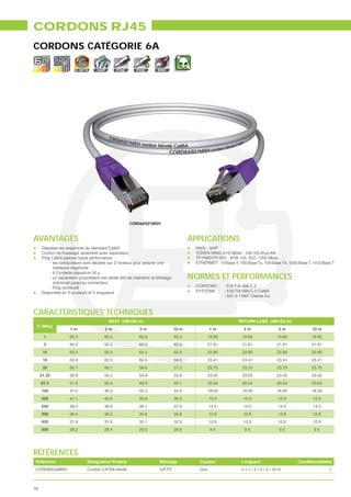 CORDONS RJ45
CORDONS CATÉGORIE 6A
                           10
                       G. BITS      VoIP       POE      POE       EMC




                                                      CORD6AS01MSH


AVANTAGES                                                                         APPLICATIONS
     Dépasse les exigences du standard Cat6A                                       RNIS - VoIP
     Cordon de brassage assemblé avec séparateur                                   TOKEN RING 4/16 Mbits - 100 VG-AnyLAN
     Plug Cat6A spécial haute performance :                                        TP-PMD/TP-DDI - ATM 155, 622, 1200 Mbits
         - les conducteurs sont décalés sur 2 niveaux pour assurer une             ETHERNET : 10 Base T, 100 Base Tx, 100 Base T4, 1000 Base T, 10 G Base T
           meilleure diaphonie

                                                                                  NORMES ET PERFORMANCES
         - 8 Contacts plaqué-or 50 μ

           individuel jusqu’au connecteur
         - Plug surmoulé                                                           CORDONS :        - EIA/TIA 568-C.2
     Disponible en 5 couleurs et 5 longueurs                                       SYSTÈME :        - EIA/TIA 568-C.2 Cat6A
                                                                                                    - Ad1.0 11801 Classe Ea



CARACTÉRISTIQUES TECHNIQUES
                                           NEXT (dB/100 m)                                                 RETURN LOSS (dB/100 m)
 F (MHz)
                    1m                  2m               5m                10 m             1m                2m                  5m           10 m
      1             65.0                65.0             65.0              65.0             19.80            19.80               19.80         19.80
      4             65.0                65.0             65.0              65.0             21.61            21.61               21.61         21.61
      10            65.0                65.0             64.5              62.9             22.80            22.80               22.80         22.80
      16            62.6                62.0             60.5              59.0             23.41            23.41               23.41         23.41
      20            60.7                60.1             58.6              57.2             23.70            23.70               23.70         23.70
     31.25          56.9                56.2             54.9              53.6             23.05            23.05               23.05         23.05
     62.5           51.0                50.4             49.2              48.1             20.04            20.04               20.04         20.04
     100            47.0                46.4             45.3              44.4             18.00            18.00               18.00         18.00
     200            41.1                40.6             39.8              39.3             15.0             15.0                 15.0         15.0
     250            39.2                38.8             38.1              37.6             14.0             14.0                 14.0         14.0
     300            36.4                36.2             35.9              35.8             12.8             12.8                 12.8         12.8
     400            31.8                31.9             32.1              32.5             10.9             10.9                 10.9         10.9
     500            28.2                28.4             29.0              29.8              9.5              9.5                  9.5          9.5




RÉFÉRENCES
 Référence                      Désignation Produit                Blindage          Couleur                Longueur                     Conditionnement
 CORD6ASxMSH                    Cordon CAT6A blindé                U/FTP             Gris                   x = 1 / 2 / 3 / 5 / 10 m                    1



78
 