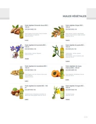HUILES VÉGÉTALES
Huile végétale d'amande douce BIO -
100 ml
CB-CBHVAMD-100
Peaux fragiles et très sèches. Peaux de bébés.
États pelliculaire et vergetures.
Flacon de 100 ml
8.10 €
Huile végétale d'argan BIO -
100 ml
CB-CBHVARG-100
Peaux sèches, matures, déshydratées.
Cheveux secs et ternes, ongles cassants.
Flacon de 100 ml
10.00 €
Huile végétale de bourrache BIO -
100 ml
CB-CBHVBOU-100
Peaux sèches, matures, fatiguées.
Flacon de 100 ml
10.00 €
Huile végétale de jojoba BIO -
100 ml
CB-CBHVJOJ-100
Toutes peaux : sèches, grasses,
déshydratées.
Tous cheveux : secs et cassants, gras.
Flacon de 100 ml
12.00 €
Huile végétale de macadamia BIO -
100 ml
CB-CBHVMAV-100
Peaux fragiles, soin des cheveux et des mains.
Très pénétrante.
Flacon de 100 ml
6.00 €
Huile végétales de noyau
d'abricot BIO - 100 ml
CB-CBHVABR-100
Peaux fatiguées, dévitalisées et ternes.
Flacon de 100 ml
6.00 €
Huile végétale de noisette BIO - 100
ml
CB-CBHVNOI-100
Hydrate la peau et régularise la sécrétion de
sébum des zones grasses.Flacon de 100 ml
6.00 €
Huile végétale d'onagre BIO -
100 ml
CB-CBHVONA-100
Tout type de peau.
Flacon de 100 ml
10.00 €
19/20
 