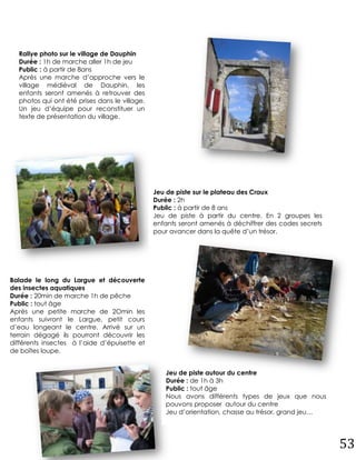 Rallye photo sur le village de Dauphin
  Durée : 1h de marche aller 1h de jeu
  Public : à partir de 8ans
  Après une marche d’approche vers le
  village médiéval de Dauphin, les
  enfants seront amenés à retrouver des
  photos qui ont été prises dans le village.
  Un jeu d’équipe pour reconstituer un
  texte de présentation du village.




                                               Jeu de piste sur le plateau des Craux
                                               Durée : 2h
                                               Public : à partir de 8 ans
                                               Jeu de piste à partir du centre. En 2 groupes les
                                               enfants seront amenés à déchiffrer des codes secrets
                                               pour avancer dans la quête d’un trésor.




Balade le long du Largue et découverte
des insectes aquatiques
Durée : 20min de marche 1h de pêche
Public : tout âge
Après une petite marche de 2Omin les
enfants suivront le Largue, petit cours
d’eau longeant le centre. Arrivé sur un
terrain dégagé ils pourront découvrir les
différents insectes à l’aide d’épuisette et
de boîtes loupe.


                                                  Jeu de piste autour du centre
                                                  Durée : de 1h à 3h
                                                  Public : tout âge
                                                  Nous avons différents types de jeux que nous
                                                  pouvons proposer autour du centre
                                                  Jeu d’orientation, chasse au trésor, grand jeu…




                                                                                                      53
 
