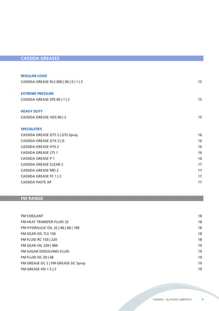 REGULAR LOAD 
CASSIDA GREASE RLS 000 | 00 | 0 | 1 | 2 15 
EXTREME PRESSURE 
CASSIDA GREASE EPS 00 | 1 | 2 15 
HEAVY DUTY 
CASSIDA GREASE HDS 00 | 2 15 
SPECIALITIES 
CASSIDA GREASE GTS 2 | GTS Spray 16 
CASSIDA GREASE GTX 2 | 0 16 
CASSIDA GREASE HTS 2 16 
CASSIDA GREASE LTS 1 16 
CASSIDA GREASE P 1 16 
CASSIDA GREASE CLEAR 2 17 
CASSIDA GREASE MD 2 17 
CASSIDA GREASE FC 1 | 2 17 
CASSIDA PASTE AP 17 
CASSIDA – by FUCHS LUBRITECH 9 
CASSIDA GREASES 
FM RANGE 
FM COOLANT 18 
FM HEAT TRANSFER FLUID 32 18 
FM HYDRAULIC OIL 32 | 46 | 68 | 100 18 
FM GEAR OIL TLS 150 18 
FM FLUID RC 150 | 220 18 
FM GEAR OIL 220 | 460 19 
FM SUGAR DISSOLVING FLUID 19 
FM FLUID DC 20 | 68 19 
FM GREASE DC 2 | FM GREASE DC Spray 19 
FM GREASE HD 1.5 | 2 19 
 