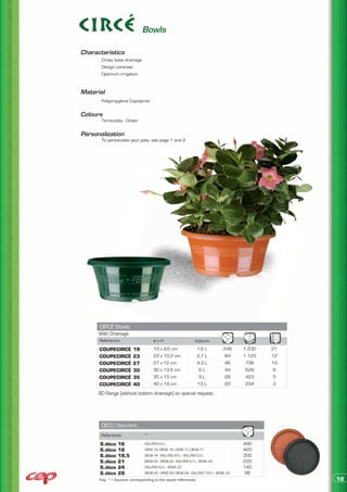 Bowls

Characteristics
	      Cross base drainage
	      Design contrast
	      Optimum irrigation


Material
	      Polypropylene Copolymer


Colours
	      Terracotta - Green


Personalization
	      To personalize your pots: see page 1 and 2




      CIRCÉ Bowls
      With Drainage
      Reference                      øxH                        Volume
      COUPECIRCÉ        19          19 x 8,6 cm                   1,6 L          246     1 230   21
      COUPECIRCÉ        23          23 x 10,3 cm                  2,7 L          84      1 120   12
      COUPECIRCÉ        27          27 x 12 cm                    4,3 L          46       736    10
      COUPECIRCÉ        30          30 x 13,5 cm                   6L            44       528     8
      COUPECIRCÉ        35          35 x 15 cm                     9L            28       423     5
      COUPECIRCÉ        40          40 x 18 cm                    13 L           20       234     3

      SD Range (without bottom drainage) on special request.




       DÉCO Saucers
       Reference               *
      S.déco    16             VOLUTES 2,2 L                                             490
      S.déco    18             CEPIA 16/DECIA 16 - CEPIA 17/DECIA 17                     420
      S.déco    19,5           DECIA 18 - VOLUTES 4,5 L - VOLUTES 3,3 L                  300
      S.déco    21             DECIA 20 - DECIA 22 - VOLUTES 5,7 L - BOWL 23             220
      S.déco    24             VOLUTES 8,3 L - BOWL 27                                   140
      S.déco    28             DECIA 25 - CIRCÉ 29/DECIA 29 - VOLUTES 13,5 L - BOWL 30    96
      Key: * > Saucers corresponding to the above references                                          12
 