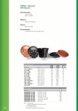 Y-Pots - Standard
     STD Saucers

     Characteristics
     	      Y base drainage
     	      Optimum irrigation


     Material
     	      Polypropylene Copolymer


     Colours
     	      Black - Terracotta


     Personalization
     	      To personalize your pots : see page 1and 2




           Y-Standard pots
           Reference                          øxH
           1,5 L Y PP 5° ≠                    14,9 x 13,1 cm           105   5 670**         33
           2 L Y PP ≠                         16,8 x 13,3 cm           127    5 852          24
           2,5 L Y PP ≠                       18,2 x 14,2 cm           113    4 500          21
           3 L Y PP ≠                         19,2 x 15 cm             108    3 680          20
           4 L Y PP ≠                         21,3 x 16,7 cm            95    2 450          14
           5 L Y PP ≠                         22,8 x 18 cm              84    2 070          12
           7,5 L Y PP ≠                       26,3 x 21,1 cm            70    1 216          10
           10 L Y PP ≠                        29,2 x 23,1 cm            68     980            8
           10 L Y DL PP ≠•                    29,2 x 23,1 cm            68     980            8
           12 L Y PP ≠                        30,7 x 24,5 cm            25     780            7
           12 L Y DL PP ≠•                    30,7 x 24,5 cm            25     780            7
           15 L Y PP                          33 x 26,3 cm              20     600            5


           STD Saucers
           Reference                          *
           SOUCOUPE        16    STD          2L PP CR - 2L Y PP                       490
           SOUCOUPE        18    STD          3L PP CR - 3L Y PP                       348
           SOUCOUPE        20    STD          4L PP CR - 4L Y PP                       240
           SOUCOUPE        22    STD          5L PP CR - 5L Y PP                       186
           SOUCOUPE        25    STD          7,5L PP CR - 7,5L Y PP                   120
           SOUCOUPE        29    STD          10L PP CR - 10L Y PP                     100
           SOUCOUPE        35    STD          20L PP CR                                 80

          Keys : ≠ > 2 Label slots
                * > Saucers corresponding to the above references
              ** > Packaged in Pal/Box
                • > DL : with side drainage
17               > On Danish trolley shelf with transport trays
 