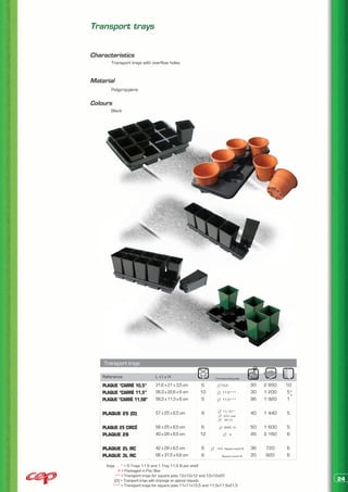 Transport trays


Characteristics
	      Transport trays with overflow holes


Material
	      Polypropylene


Colours
	Black




    Transport trays

    Reference                  LxlxH                           Corresponding pots

    PLAQUE “CARRÉ 10,5”        31,6 x 21 x 3,5 cm      6           10,5                95   2 850   10
    PLAQUE “CARRÉ 11,5”        56,3 x 22,6 x 6 cm     10            11,5***            30   1 200    5*
                                                                                                       +
    PLAQUE “CARRÉ 11,5B”       56,3 x 11,3 x 6 cm      5            11,5***            96   1 920    1

                                                                    11/12**
    PLAQUE 25 (D)              57 x 25 x 6,5 cm        8                               40   1 440   5
                                                                     0,5 L and
                                                                     HR 13

    PLAQUE 25 CIRCÉ            56 x 25 x 6,5 cm        6             CIRCÉ 14          50   1 600   5
    PLAQUE 28                  40 x 28 x 6,5 cm       12                  9            45   2 160   6


    PLAQUE 2L RC               42 x 28 x 6,5 cm        6        14,5 Square round 2L   36   720     6
    PLAQUE 3L RC               56 x 31,5 x 6,6 cm      6           Square round 3L     35   820     6

     Keys : * > 5 Trays 11,5 and 1 Tray 11,5 B per shelf
           # > Packaged in Pal/Box
         ** > Transport trays for square pots 12x12x12 and 12x12x20
         (D) > Transport trays with drainage on special request.                                           24
        *** > Transport trays for square pots 11x11x15,5 and 11,5x11,5x21,5
 