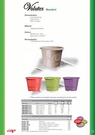 Standard

      Characteristics
      	           Cross base drainage
      	           Design contrast
      	           Optimum irrigation


      Material
      	           Polypropylene Copolymer


      Colours
      	           Standard colour : Taupe
      	           Special colours “Jardi’patio”*


      Personalization
      	           To personalize your pots: see page 1 and 2




                *These colours are changed each year according to current trends

VOLUTES Pots
Reference                    øxH                         Volume
VOLUTES      2,2 L           18,4 x 13,9 cm              2,2 L          126            1 716   21
VOLUTES      3,3 L           20,8 x 15,7 cm              3,3 L           72            1 175   17
VOLUTES      4,5 L           22,9 x 17,6 cm              4,5 L           51             940    12
VOLUTES      5,7 L           25 x 19,3 cm                5,7 L           48             738    10
VOLUTES      8,3 L           28,5 x 22 cm                8,3 L           30             444     8
VOLUTES      13,6 L          33,5 x 26 cm                13,5L           **             **      5

DÉCO Saucers
 Reference                          *
S.déco    16                       VOLUTES 2,2 L                                               490
S.déco    18                       CEPIA 16/DECIA 16 - CEPIA 17/DECIA 17                       420
S.déco    19,5                     CIRCÉ 18/DECIA 18 - VOLUTES 4,5 L - VOLUTES 3,3 L           300
S.déco    21                       DECIA 20 - DECIA 22 - VOLUTES 5,7 L - BOWL 23               220
S.déco    24                       VOLUTES 8,3 L - BOWL 27                                     140
S.déco    28                       DECIA 25 - CIRCÉ 29/DECIA 29 - VOLUTES 13,5 L - BOWL 30      96
Key: * > Saucers corresponding to the above references                                               4
 