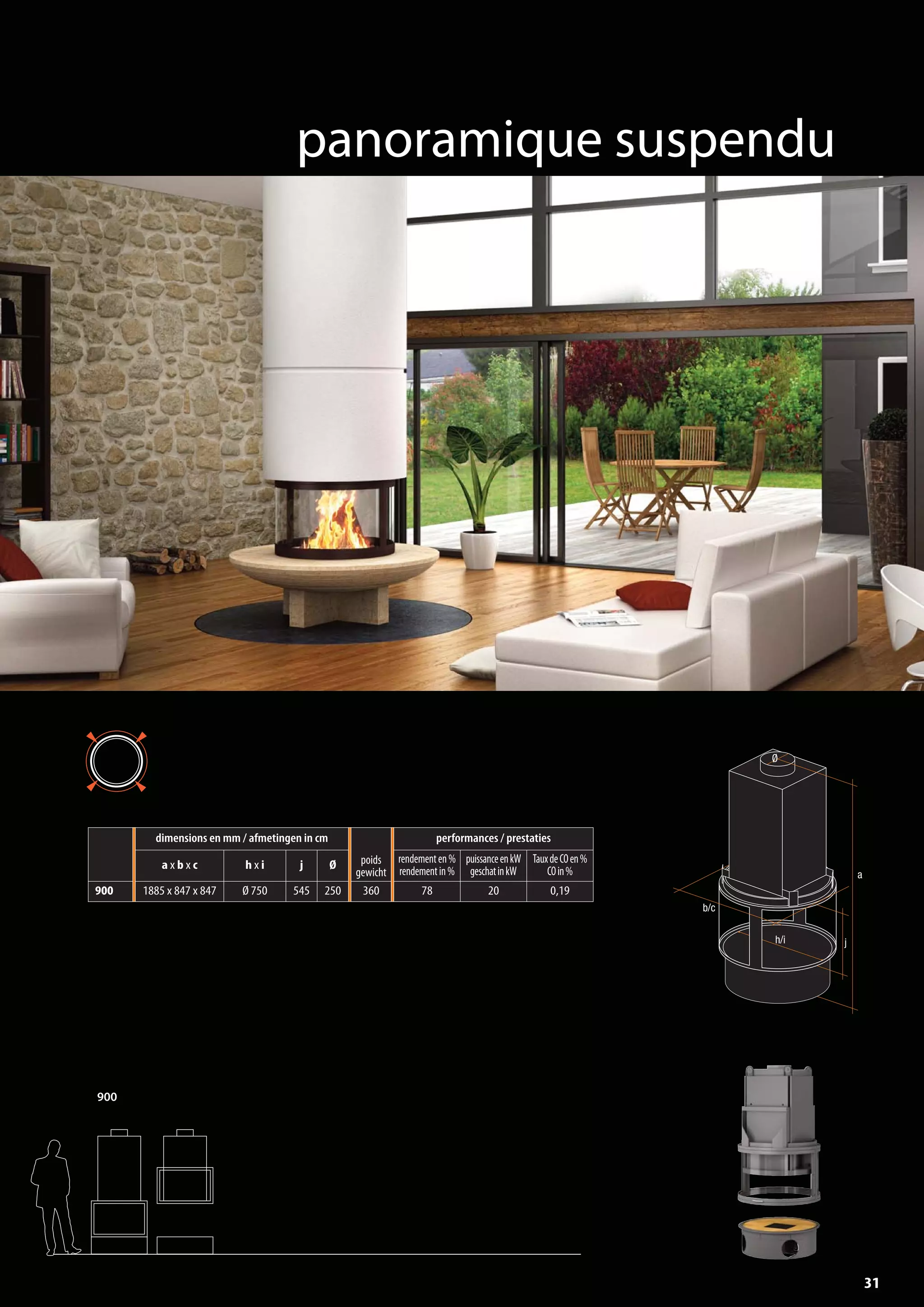 panoramique suspendu
900
a
b/c
Ø
jh/i
dimensions en mm / afmetingen in cm
poids
gewicht
performances / prestaties
a x b x c h x i j Ø
rendementen%
rendementin%
puissanceenkW
geschatinkW
TauxdeCOen%
COin%
900 1885 x 847 x 847 Ø 750 545 250 360 78 20 0,19
31
totem catalog 48p FR-NL 2016-03 01/04/16 08:48 Page31
 
