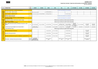 AGENDA 2013
                                                                                                                                                                                                                                  FORMATIONS CONTINUES FORMATIONS PROFESSIONNELLES ENSEIGNEMENT SUPERIEUR
                                                                                                                                                                                                                                                                                                                  Mis à jour le 05/02/2013



                                                                                                                  Durée
Domaine                        FORMATIONS                                                                           en            JANVIER                FEVRIER                    MARS                   AVRIL                    MAI                    JUIN              SEPTEMBRE          OCTOBRE              NOVEMBRE             DÉCEMBRE
                                                                                                                  heures


                               Accroche & Levage Théâtre - machinerie contrebalancée                                21                                                                                                  formation intra entreprise ou sur demande
 TTRAVAIL EN HAUTEUR
 STRUCTURES MOBILES




                                                                                                                    21
                               Accroche & Levage - Moteurs et ponts                                                                                        0-janv.            du 25 au 29 mars             0-janv.                0-janv.                 0-janv.                0-janv.          0-janv.                0-janv.              0-janv.
                                                                                                                   à 35

                               Travail en Hauteur - Utilisation des EPI                                             21                               du 18 au 22 février      du 25 au 29 mars             0-janv.                0-janv.            du 10 au 14 juin            0-janv.          0-janv.                0-janv.              0-janv.

                               Châpiteaux Tentes et Structures
                                                                                                                  14 à 35                                                                                               formation intra entreprise ou sur demande
                               Structures mobiles de spectacle

                               Formation au montage, vérification et contrôle d'Echafaudage
                                                                                                                    14                                                                                                  formation intra entreprise ou sur demande
                               recommandation CRAM
    SSIAP - SST CACES




                               Autorisation de Conduite et CACES Chariot, Nacelle, ou Engin                         21                                                                                       Mensuel (nous consulter pour vérifier les places disponibles)

                               CACES 5 jours= 2 machines
                                                                                                                    35                                                                                       Mensuel (nous consulter pour vérifier les places disponibles)
                               Chariot + Engin de Chantier 9 ou Nacelle
                                                                                                                                                                                                                                                                              du 9 au 20
                               SSIAP 1 (Agent de Sécurité Incendie et d'Assistance à Personnes) - places
                                                                                                                                                                                                                             du 20 au 31 mai         du 17 au 28 juin         septembre                               du 18 au 29            du 9 au 20
                               limitées                                                                             70        du 14 au 25 janvier    du 4 au 15 février       du 18 au 29 mars        du 15 au 26 avril                                                                      du 7 au 18 octobre
                                                                                                                                                                                                                            du 27 mai au 7 juin     du 08 au 19 juillet    du 30 septembre                             novembre              décembre
                                                                                                                                                                                                                                                                            au 11 octobre
                                                                                                                                du 10 au 11/01                                                                                                        du 13 au 14/06
                               + option SST (pré-requis obligatoire de la formation SSIAP 1)                        14                                     0-janv.             du 14 au 15/03          du 11 au 12/04         du 16 au 17/05                                  du 5 au 6/09     du 3 au 4/10         du 14 au 15/11        du 5 au 6/12
                                                                                                                               du 31/01 au 01/02                                                                                                       du 4 au 5/07
                               + option SPECTACLE Type L                                                            14                                                                                       Mensuel (nous consulter pour vérifier les places disponibles)

                                                                                                                                                                                                                                                                                                                      du 27 au 29
                               Habilitation Electrique non électricien                                              14              0-janv.                0-janv.             du 6 au 8 mars         du 17 au 19 avril           0-janv.            du 26 au 28 juin            0-janv.          0-janv.                                     0-janv.
      HABILITATIONELECTRIQUE




                                                                                                                                                                                                                                                                                                                       novembre

                                                                                                                                                                                                                                                                                                                      du 27 au 29
                               Habilitation Electrique électricien                                                  21              0-janv.                0-janv.             du 6 au 8 mars         du 17 au 19 avril           0-janv.            du 26 au 28 juin            0-janv.          0-janv.                                     0-janv.
                                                                                                                                                                                                                                                                                                                       novembre

                                                                                                                                                                                                                                                                                                                      du 25 au 29
                               Distribution électrique dans le spectacle et Habilitation mutualisé SHE TS2          35              0-janv.                0-janv.             du 4 au 8 mars         du 15 au 19 avril           0-janv.            du 24 au 28 juin            0-janv.          0-janv.                                     0-janv.
                                                                                                                                                                                                                                                                                                                       novembre


                                                                                                                 30 à 45jrs     sur demande,
                                                                                                                                                                             session de test le 8                          session de test le 17 session de test le 28                                            session de test le 29
                               FOAD Aptelec - Habilitation Electrique (test pratique)                           (FOAD) + 7h    démarrage de la             0-janv.                                                                                                                                0-janv.                                     0-janv.
                                                                                                                 (pratique)                                                         mars                                           mai                   juin                                                          novembre
                                                                                                                              FOAD toute l'année




                                                                                               ADAMS - rue des Terres Neuves 33130 Bègles / tél. 05 56 51 90 30 / fax. 05 57 85 51 65 / info@adamsformation.com / n° d’activité 72330348033 / siret 400 963 138 00047 / APE 8559 A
                                                                                                                                                                             www.adamsformation.com
 