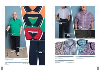CANNES&RHÔNES
MELUN&PARIS
BASTIAPARIS
BASTIAMELUN
22 23
51 CANNES:			 21€
Polo uni avec poche, col contrasté
Marine, Bleu Roi, Vert, Pêche	 M - L – XL – XXL - XXXL
35% Coton, 65%Polyester
52 RHÔNE:			 19€
Pantalon de jogging
Marine			 M - L – XL – XXL
100% Coton
54 PARIS:			 27€
Pantalon de ville, taille élastique
Gris, Vert, Marine	 42- 44- 46- 48- 50- 52- 54- 56
100% Polyester
53 MELUN:			 22€
Chemisette coupe droite à carreaux, col américain
Rouge, Jaune	 M - L – XL – XXL
35% Coton, 65%Polyester
55 BASTIA:			 22€
Chemisette coupe droite à carreaux, col américain
Vert, Rouge	 M - L – XL – XXL
35% Coton, 65%Polyester
51 Polo CANNES
21€
54 Pantalon PARIS
27€
53 Chemisette MELUN
22€
55 Chemisette BASTIA
22€
MarineGrisVert
52 Pantalon RHÔNE
19€
52 Pantalon RHÔNE
19€
 