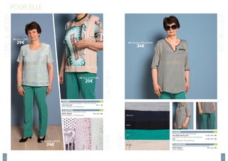 01 Haut LOIRE
29€
03 Haut DAUPHINE
25€
02 Pantalon BERRY
24€
POUR ELLELOIRE&BERRY
DAUPHINELOIRE
BERRY
BOURGOGNE
4
01 LOIRE:				 29€
Haut texturé avec doublure, manches courtes
Noir, Rose, Vert				 M - L – XL
93% Polyester, 7% Élasthanne
02 BERRY:				 24€
Pantalon de ville taille élastique
Noir, Beige, Marine, Vert		 S - M- L- XL - XXL
Polyester 32%, 65% Viscose, 3% Spandex
Gris		 S - M- L- XL - XXL
97% Polyester, 3% Élasthanne
03 DAUPHINE:				 25€
Haut combiné, manches courtes
MOTIF UNIQUE			 M- L- XL – XXL
93% Polyester, 7% Élasthanne
04 BOURGOGNE:				 34€
Chemise encolure tunisienne, boutons épaulettes
MOTIF UNIQUE			 M- L- XL – XXL
100% Polyester
Gris
Marine
Noir
Noir
Rose
Vert
Vert
Beige
5
04 Chemise BOUGOGNE
34€
 