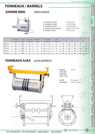 GAMME MINI MINI RANGE
Tél. : 04 78 54 56 57 - Fax : 04 72 34 56 96 - mail@corelec.fr - www.corelec.fr
TONNEAUX / BARRELSTONNEAUX / BARRELS
11
ENVIRONNEMENTETUVESPANIERSAGITATEURSSURPRESSEURSESSOREUSESREDRESSEURSCHAUDETFROIDPOMPES-FILTRESULTRASONS
HOT&COLDRECTIFIERSSPINDRYERSBOOSTERSMIXERSBASKETSDRYINGOVERSUSDEVICESENVIRONMENTFILTERS-PUMPS
TONNEAUX / BARRELS
A :longueur du fût body length
B :Longueur totale overall length
C :Diamètre du fût body diameter
D :Hauteur sous crochet height under hook
E :Hauteur totale Total height
Longueur Moteur Cathodes Capacité (L) Perforations Poids A B C D E
Length Motor Cathodes Capacity Perforations Weight
100-135 100 12VDC 25² 1.2 0.6 - 1 - 1.5 - 2 4.2 100 240 200 395 495
200-135 200 12VDC 25² 2.4 0.6 - 1 - 1.5 - 2 4.9 200 340 200 395 495
250-135 250 12VDC 25² 3 0.6 - 1 - 1.5 - 2 5.2 250 390 200 395 495
370-220 370 12VDC 25² 9 0.6 - 1 - 1.5 - 2 9 395 435 260 465 565
470-220 470 12VDC 25² 11.5 0.6 - 1 - 1.5 - 2 10 495 535 260 465 565
TONNEAUX AJAX AJAX BARRELS
Modèle Model
AJAX 700
AJAX 900
AJAX 1200
Fût PP PP cylinder
Fûts PEHD PEHD cylinder
TONNEAUX
BARRELS
 