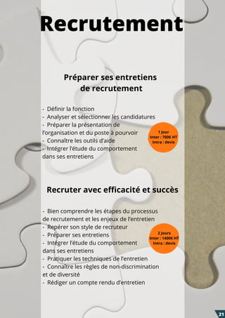 -  Bien comprendre les étapes du processus
de recrutement et les enjeux de l’entretien
-  Repérer son style de recruteur
-  Préparer ses entretiens
-  Intégrer l’étude du comportement
dans ses entretiens
-  Pratiquer les techniques de l’entretien 
-  Connaître les règles de non-discrimination
et de diversité
-  Rédiger un compte rendu d’entretien
Recrutement
Préparer ses entretiens
de recrutement
Recruter avec efficacité et succès
2 Jours
Inter : 1400€ HT
Intra : devis
1 Jour
Inter : 700€ HT
Intra : devis
-  Définir la fonction
-  Analyser et sélectionner les candidatures
-  Préparer la présentation de
l’organisation et du poste à pourvoir
-  Connaître les outils d’aide 
-  Intégrer l’étude du comportement
dans ses entretiens
21
 