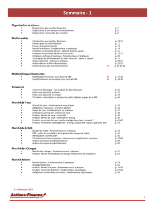 Sommaire - 1
Organisation et acteurs
 Organisation des marchés financiers p. 7
 Organisation d’une banque d’investissement p. 8
 Organisation d'une salle des marchés p. 9
Multimarchés
 Introduction aux marchés financiers p. 10-11
 Finance pour les non-financiers p. 12
 Finance comportementale p. 13
 Marché monétaire : fondamentaux et pratiques p. 14
 Initiation aux produits dérivés : options, futures, swaps p. 15
 Initiation aux produits dérivés et structurés p. 16-17
 Initiation à la finance islamique : fondamentaux et pratiques p. 18
 Techniques de refinancement du bilan bancaire : dette et capital p. 19
 Analyse chartiste : théorie et pratique p. 20-21
 Analyse Macro et Micro Economique p. 22-23
 Fondamentaux des marchés financiers N p. 24-25-26
Mathématiques financières
 Modélisation financière sous Excel et VBA N p. 27-28
 Calculs financiers et actuariels sous Excel et VBA N p. 29-30
Trésorerie
 Trésorerie de banque : les produits du bilan bancaire p. 31
 Repo: une approche pratique p. 32
 Repo: une approche technique p. 33
 Titrisation : description et analyse des actifs éligibles auprès de la BDF p. 34
Marché de Taux
 Marché de taux : fondamentaux et pratiques p. 35
 Obligations classiques : pricing et gestion p. 36
 Swaps de taux : Fondamentaux et pratique p. 37
 Initiation au pricing des produits de taux p. 38
 Produits dérivés de taux : l’essentiel p. 39
 Produits dérivés de taux : utilisation et pricing p. 40
 Produits structurés de taux : quelle stratégie dans quel contexte ? p. 41-42
 Produits monétaires et obligataires : pricing, analyse des risques, approche VaR p. 43
Marché du Crédit
 Marché du crédit : fondamentaux et pratiques p. 44
 CDS : outils du transfert et de la gestion des risques de crédit p. 45
 Introduction à la titrisation p. 46
 Titrisation pour les entreprises : mécanismes et applications pratiques p. 47-48
 Analyse du risque de crédit Corporate p. 49
 Analyse du risque de crédit Bancaire p. 50
Marché des Changes
 Marché des changes : fondamentaux et pratiques p. 51
 Produits dérivés et structurés de change: mécanismes et utilisations p. 52
Marché Actions
 Marché actions : fondamentaux et pratiques p. 53
 Stratégie Delta One p. 54
 Produits dérivés d’actions : fondamentaux et pratiques p. 55-56
 Produits structurés d'actions : fondamentaux et pratiques p. 57-58
 Obligations convertibles en actions : fondamentaux et pratiques p. 59
1)
4
N : Nouveauté 2013
 