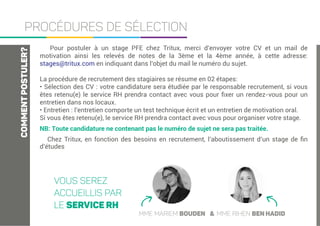 Procédures de sélection
Pour postuler à un stage PFE chez Tritux, merci d’envoyer votre CV et un mail de
motivation ainsi les relevés de notes de la 3ème et la 4ème année, à cette adresse:
stages@tritux.com en indiquant dans l’objet du mail le numéro du sujet.
La procédure de recrutement des stagiaires se résume en 02 étapes:
• Sélection des CV : votre candidature sera étudiée par le responsable recrutement, si vous
êtes retenu(e) le service RH prendra contact avec vous pour ﬁxer un rendez-vous pour un
entretien dans nos locaux.
• Entretien : l’entretien comporte un test technique écrit et un entretien de motivation oral.
Si vous êtes retenu(e), le service RH prendra contact avec vous pour organiser votre stage.
NB: Toute candidature ne contenant pas le numéro de sujet ne sera pas traitée.
Chez Tritux, en fonction des besoins en recrutement, l’aboutissement d’un stage de ﬁn
d’études
CommentPostuler?
Vous serez
accueillis par
le service RH
Mme Mariem Bouden & Mme Rihen Ben Hadid
 