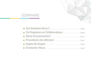Sommaire
Qui Sommes Nous ? .......................................................................................Page03
De Stagiaires en Collaborateurs ...............................................Page08
Notre Environnement.....................................................................................Page10
Procédures de sélection ....................................................... .................Page11
Sujets de Stages ...................................................................................................Page12
Contactez-Nous ....................................................................................................Page20
 