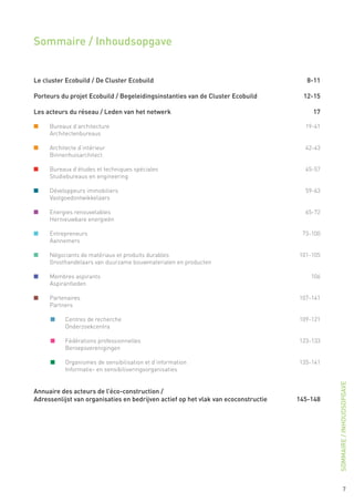 Sommaire / Inhoudsopgave


Le cluster Ecobuild / De Cluster Ecobuild	                                               8-11

Porteurs du projet Ecobuild / Begeleidingsinstanties van de Cluster Ecobuild	           12-15

Les acteurs du réseau / Leden van het netwerk	                                            17

n	   Bureaux d’architecture	                                                            19-41
	    Architectenbureaus

n	   Architecte d’intérieur	                                                            42-43
	    Binnenhuisarchitect

n	   Bureaux d’études et techniques spéciales	                                          45-57
	    Studiebureaus en engineering

n	   Développeurs immobiliers	                                                          59-63
	    Vastgoedontwikkelaars

n	   Energies renouvelables	                                                            65-72
	    Hernieuwbare energieën

n	   Entrepreneurs	                                                                    73-100
	    Aannemers

n	   Négociants de matériaux et produits durables	                                    101-105
	    Groothandelaars van duurzame bouwmaterialen en producten

n	   Membres aspirants	                                                                   106
	    Aspirantleden

n	   Partenaires	                                                                     107-141
	    Partners

     n	    Centres de recherche	                                                      109-121
     	     Onderzoekcentra

     n	    Fédérations professionnelles	                                              123-133
     	     Beroepsverenigingen

     n	    Organismes de sensibilisation et d’information	                            135-141
     	     Informatie- en sensibiliseringsorganisaties
                                                                                                SOMMAIRE / INHOUDSOPGAVE




Annuaire des acteurs de l’éco-construction /
Adressenlijst van organisaties en bedrijven actief op het vlak van ecoconstructie		   145-148




                                                                                                          7
 