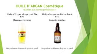 HUILE D’ARGAN Cosmétique
«Elixirs aux vertus précieuses »
Huile d'Argan vierge certifiée
BIO
Flacon avec spray
Disponible en Flacons de 30ml et 50ml
Huile d'Argan en flacon fumé
BIO
Compte-gouttes
Disponible en Flacons de 30ml et 50ml
 