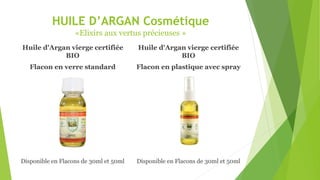 HUILE D’ARGAN Cosmétique
«Elixirs aux vertus précieuses »
Huile d'Argan vierge certifiée
BIO
Flacon en verre standard
Disponible en Flacons de 30ml et 50ml
Huile d'Argan vierge certifiée
BIO
Flacon en plastique avec spray
Disponible en Flacons de 30ml et 50ml
 