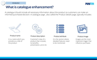What is catalogue enhancement?
A catalogue should include all necessary information about the product so customers can make an
informed purchased decision. A catalogue page , also called the Product details page, typically
includes:
It is a name which you
provide as a title of the
product
Customer’s view of a
product that includes
its benefits,
presentation, price etc
It is the section where
detailed features need
to be mentioned
Images are the most
important trigger that
influence purchases
 