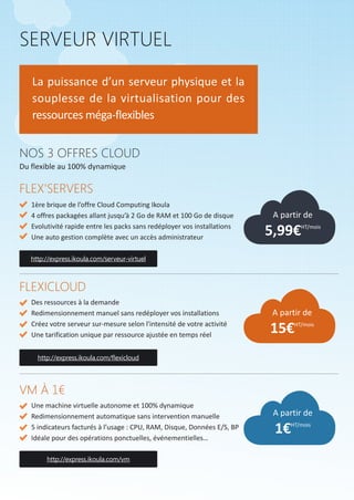 La puissance d’un serveur physique et la
souplesse de la virtualisation pour des
ressources méga-flexibles
SERVEUR VIRTUEL
FLEX'SERVERS
1ère brique de l’offre Cloud Computing Ikoula
4 offres packagées allant jusqu’à 2 Go de RAM et 100 Go de disque
Evolutivité rapide entre les packs sans redéployer vos installations
Une auto gestion complète avec un accès administrateur
FLEXICLOUD
Des ressources à la demande
Redimensionnement manuel sans redéployer vos installations
Créez votre serveur sur-mesure selon l'intensité de votre activité
Une tarification unique par ressource ajustée en temps réel
VM À 1€
Une machine virtuelle autonome et 100% dynamique
Redimensionnement automatique sans intervention manuelle
5 indicateurs facturés à l’usage : CPU, RAM, Disque, Données E/S, BP
Idéale pour des opérations ponctuelles, événementielles…
NOS 3 OFFRES CLOUD
A partir de
5,99€HT/mois
A partir de
15€HT/mois
http://express.ikoula.com/serveur-virtuel
http://express.ikoula.com/ﬂexicloud
http://express.ikoula.com/vm
A partir de
1€HT/mois
Du flexible au 100% dynamique
 
