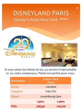 8

      DISNEYLAND PARIS
       Disney’s Hotel New York ****




Si vous aimez les hôtels de lux, au service irréprochable
 et au cadre somptueux, l’hôtel est parfait pour vous.
                              France / Paris
     Destination:
                                 Fly-03
     Durée:                        1 semaine
     Transport:                    Train TGV
     Départ:                Luxembourg Gare
                         1 pers.               2 pers.
     Prix:               746,90                1122,00
 