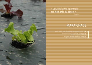 Faire ses semences en maraîchage biologique | 19
Techniques de maraîchage sur sol vivant | 21
Agréer, calibrer, livrer pour atteindre de nouveaux circuits... | 18
Travailler sans se faire mal | 20
Nos autres formations sur demande | 22
MARAICHAGE
« Celui qui aime apprendre
est bien près du savoir »
Confucius
 