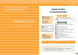 ARBORICULTURE
25
Conduire son verger en agriculture biologique | 25
ELEVAGE
ARBORICULTURE
« Celui qui aime apprendre
est bien près du savoir »
Confucius
ARBORICULTURE
CONDUIRE SON VERGER
EN AGRICULTURE BIOLOGIQUE
PROGRAMME
OBJECTIFS
π Maîtriser les itinéraires techniques de la
conduite d’un verger de pommiers en agriculture
biologique
O Contexte de la production de fruits à pépins
en AB
O Conduite d’un verger en AB
O L’aspect variétal en pommes
O Visite d’un verger bio et échanges autour des
pratiques du producteur
O Environnement et aménagement du verger
O Entretien du rang
O Résultats des essais du programme
d’expérimentation depuis 2007
O Visite d’un verger et observation prédateurs/
ravageurs
Cette formation est faite pour moi si :
•	 Je souhaite implanter un verger en agriculture biologique sur mon exploitation.
•	 J’ai planté un verger récemment sur mon exploitation
Intervenant(s) :	 Nathalie CORROYER, chargée de mission Arboriculture biologique à la Chambre
		 régionale d’agriculture
Public cible :
Producteurs biologiques et
conventionnels, porteurs de
projet à l’installation...
i Amélie VIAN
02 35 59 47 27 | 06 52 04 43 58
E a.vian@grabhn.fr
c Date(s) et lieu(x) :
Jeudi 24 mars, Jeudi 7 et
Vendredi 8 juillet 2016
Session de 3 jours
de 9h30 à 17h30
Δ Lieu à déterminer
 