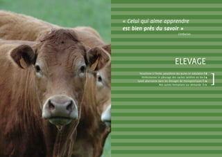 Perfectionner le pâturage des vaches laitières en bio | 9
Nos autres formations sur demande | 11
Parasitisme à l’herbe, parasitisme des jeunes en stabulation | 8
Santé alternative dans les élevages de monogastriques | 10
ELEVAGE
« Celui qui aime apprendre
est bien près du savoir »
Confucius
 