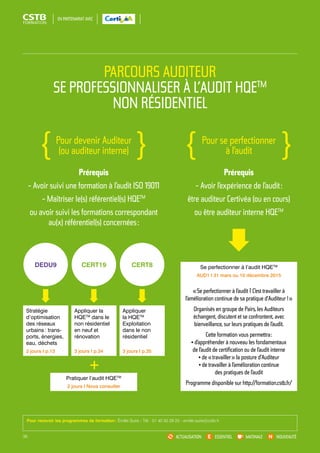 PARCOURS AUDITEUR 
EN PARTENARIAT AVEC 
SE PROFESSIONNALISER À L’AUDIT HQETM 
NON RÉSIDENTIEL 
Se perfectionner à l’audit HQETM 
AUD1 I 31 mars ou 10 décembre 2015 
ACTUALISATION ESSENTIEL MATINALE NOUVEAUTÉ 
Pour devenir Auditeur 
(ou auditeur interne) 
Pour se perfectionner 
à l’audit 
Stratégie 
d’optimisation 
des réseaux 
urbains : trans-ports, 
énergies, 
eau, déchets 
2 jours I p.13 
Appliquer la 
HQETM dans le 
non résidentiel 
en neuf et 
rénovation 
3 jours I p.34 
Pratiquer l’audit HQETM 
2 jours I Nous consulter 
« Se perfectionner à l’audit ? C’est travailler à 
l’amélioration continue de sa pratique d’Auditeur ! » 
Organisés en groupe de Pairs, les Auditeurs 
échangent, discutent et se confrontent, avec 
bienveillance, sur leurs pratiques de l’audit. 
Cette formation vous permettra : 
• d’appréhender à nouveau les fondamentaux 
de l’audit de certification ou de l’audit interne 
• de « travailler » la posture d’Auditeur 
• de travailler à l’amélioration continue 
des pratiques de l’audit 
Programme disponible sur http://formation.cstb.fr/ 
Appliquer 
la HQETM 
Exploitation 
dans le non 
résidentiel 
3 jours I p.35 
Prérequis 
- Avoir suivi une formation à l’audit ISO 19011 
- Maîtriser le(s) référentiel(s) HQETM 
ou avoir suivi les formations correspondant 
au(x) référentiel(s) concernées : 
Prérequis 
- Avoir l’expérience de l’audit : 
être auditeur Certivéa (ou en cours) 
ou être auditeur interne HQETM 
DEDU9 CERT19 CERT8 
+ 
Pour recevoir les programmes de formation : Émilie Suire - Tél. : 01 40 50 29 25 - emilie.suire@cstb.fr 
36 
 