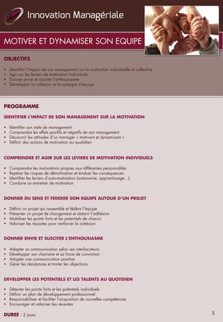 OBJECTIFS
 
§  Identifier l’impact de son management sur la motivation individuelle et collective
§  Agir sur les leviers de motivation individuels
§  Donner envie et susciter l’enthousiasme
§  Développer la cohésion et la synergie d’équipe
 
 
PROGRAMME
 
IDENTIFIER L’IMPACT DE SON MANAGEMENT SUR LA MOTIVATION
 
§  Identifier son style de management
§  Comprendre les effets positifs et négatifs de son management
§  Découvrir les attitudes d’un manager « motivant et dynamisant »
§  Définir des actions de motivation au quotidien
 
COMPRENDRE ET AGIR SUR LES LEVIERS DE MOTIVATION INDIVIDUELS
 
§  Comprendre les motivations propres aux différentes personnalités
§  Repérer les risques de démotivation et évaluer les conséquences
§  Identifier les leviers d’auto-motivation (autonomie, apprentissage…)
§  Conduire un entretien de motivation
 
DONNER DU SENS ET FEDERER SON EQUIPE AUTOUR D’UN PROJET
 
§  Définir un projet qui rassemble et fédère l’équipe
§  Présenter un projet de changement et obtenir l’adhésion
§  Mobiliser les points forts et les potentiels de chacun
§  Valoriser les réussites pour renforcer la cohésion
DONNER ENVIE ET SUSCITER L’ENTHOUSIASME
 
§  Adapter sa communication selon ses interlocuteurs
§  Développer son charisme et sa force de conviction
§  Adopter une communication positive
§  Gérer les résistances et traiter les objections
 
DEVELOPPER LES POTENTIELS ET LES TALENTS AU QUOTIDIEN
 
§  Détecter les points forts et les potentiels individuels
§  Définir un plan de développement professionnel
§  Responsabiliser et faciliter l’acquisition de nouvelles compétences
§  Encourager et valoriser les réussites
 
DUREE : 2 jours
MOTIVER ET DYNAMISER SON EQUIPE
5
 