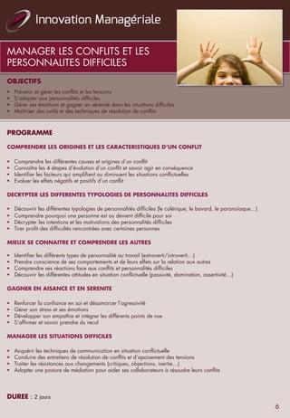 MANAGER LES CONFLITS ET LES
PERSONNALITES DIFFICILES
OBJECTIFS
 
§  Prévenir et gérer les conflits et les tensions
§  S’adapter aux personnalités difficiles
§  Gérer ses émotions et gagner en sérénité dans les situations difficiles
§  Maîtriser des outils et des techniques de résolution de conflits
 
PROGRAMME
 
COMPRENDRE LES ORIGINES ET LES CARACTERISTIQUES D’UN CONFLIT
 
§  Comprendre les différentes causes et origines d’un conflit
§  Connaître les 4 étapes d’évolution d’un conflit et savoir agir en conséquence
§  Identifier les facteurs qui amplifient ou diminuent les situations conflictuelles
§  Evaluer les effets négatifs et positifs d’un conflit
 
DECRYPTER LES DIFFERENTES TYPOLOGIES DE PERSONNALITES DIFFICILES
 
§  Découvrir les différentes typologies de personnalités difficiles (le colérique, le bavard, le paranoïaque…)
§  Comprendre pourquoi une personne est ou devient difficile pour soi
§  Décrypter les intentions et les motivations des personnalités difficiles
§  Tirer profit des difficultés rencontrées avec certaines personnes
 
MIEUX SE CONNAITRE ET COMPRENDRE LES AUTRES
§  Identifier les différents types de personnalité au travail (extraverti/introverti…)
§  Prendre conscience de ses comportements et de leurs effets sur la relation aux autres
§  Comprendre ses réactions face aux conflits et personnalités difficiles
§  Découvrir les différentes attitudes en situation conflictuelle (passivité, domination, assertivité…)
 
GAGNER EN AISANCE ET EN SERENITE
 
§  Renforcer la confiance en soi et désamorcer l’agressivité
§  Gérer son stress et ses émotions
§  Développer son empathie et intégrer les différents points de vue
§  S‘affirmer et savoir prendre du recul
 
MANAGER LES SITUATIONS DIFFICILES
 
§  Acquérir les techniques de communication en situation conflictuelle
§  Conduire des entretiens de résolution de conflits et d’apaisement des tensions
§  Traiter les résistances aux changements (critiques, objections, inertie…)
§  Adopter une posture de médiation pour aider ses collaborateurs à résoudre leurs conflits
 
DUREE : 2 jours
6
 