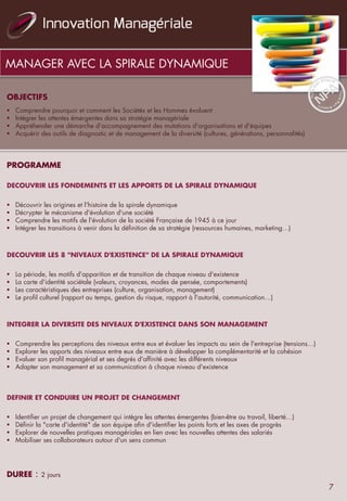 MANAGER AVEC LA SPIRALE DYNAMIQUE
OBJECTIFS
 
§  Comprendre pourquoi et comment les Sociétés et les Hommes évoluent
§  Intégrer les attentes émergentes dans sa stratégie managériale
§  Appréhender une démarche d'accompagnement des mutations d'organisations et d'équipes
§  Acquérir des outils de diagnostic et de management de la diversité (cultures, générations, personnalités)
 
 
PROGRAMME
 
DECOUVRIR LES FONDEMENTS ET LES APPORTS DE LA SPIRALE DYNAMIQUE
 
§  Découvrir les origines et l'histoire de la spirale dynamique
§  Décrypter le mécanisme d'évolution d'une société
§  Comprendre les motifs de l'évolution de la société Française de 1945 à ce jour
§  Intégrer les transitions à venir dans la définition de sa stratégie (ressources humaines, marketing…)
 
DECOUVRIR LES 8 "NIVEAUX D'EXISTENCE" DE LA SPIRALE DYNAMIQUE
 
§  La période, les motifs d'apparition et de transition de chaque niveau d'existence
§  La carte d'identité sociétale (valeurs, croyances, modes de pensée, comportements)
§  Les caractéristiques des entreprises (culture, organisation, management)
§  Le profil culturel (rapport au temps, gestion du risque, rapport à l'autorité, communication…)
 
INTEGRER LA DIVERSITE DES NIVEAUX D'EXISTENCE DANS SON MANAGEMENT
 
§  Comprendre les perceptions des niveaux entre eux et évaluer les impacts au sein de l'entreprise (tensions…)
§  Explorer les apports des niveaux entre eux de manière à développer la complémentarité et la cohésion
§  Evaluer son profil managérial et ses degrés d'affinité avec les différents niveaux
§  Adapter son management et sa communication à chaque niveau d'existence
 
 
DEFINIR ET CONDUIRE UN PROJET DE CHANGEMENT
 
§  Identifier un projet de changement qui intègre les attentes émergentes (bien-être au travail, liberté…)
§  Définir la "carte d'identité" de son équipe afin d'identifier les points forts et les axes de progrès
§  Explorer de nouvelles pratiques managériales en lien avec les nouvelles attentes des salariés
§  Mobiliser ses collaborateurs autour d'un sens commun
DUREE : 2 jours 
7
 