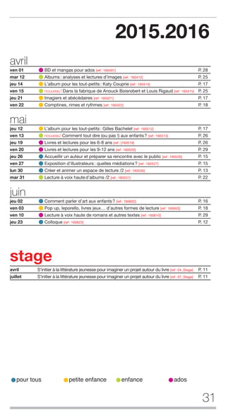 31
2015.2016
avril
ven 01 1BD et mangas pour ados [ref: 160401] P. 28
mar 12 1Albums: analyses et lectures d’images [ref: 160412] P. 25
jeu 14 1L’album pour les tout-petits: Katy Couprie [ref: 160414] P. 17
ven 15 1NOUVEAU! Dans la fabrique de Anouck Boisrobert et Louis Rigaud [ref: 160415] P. 25
jeu 21 1Imagiers et abécédaires [ref: 160421] P. 17
ven 22 1Comptines, rimes et rythmes [ref: 160422] P. 18
mai
jeu 12 1L’album pour les tout-petits: Gilles Bachelet [ref: 160512] P. 17
ven 13 1NOUVEAU! Comment tout dire (ou pas !) aux enfants? [ref: 160513] P. 26
jeu 19 1Livres et lectures pour les 6-8 ans [ref: [160519] P. 26
ven 20 1Livres et lectures pour les 9-12 ans [ref: 160520] P. 29
jeu 26 1Accueillir un auteur et préparer sa rencontre avec le public [ref: 160526] P. 15
ven 27 1Exposition d’illustrateurs: quelles médiations? [ref: 160527] P. 15
lun 30 1Créer et animer un espace de lecture /2 [ref: 160530] P. 13
mar 31 1Lecture à voix hauted’albums /2 [ref: 160531] P. 22
juin
jeu 02 1Comment parler d’art aux enfants? [ref: 160602] P. 16
ven 03 1Pop up, leporello, livres jeux… d’autres formes de lecture [ref: 160603] P. 18
ven 10 1Lecture à voix haute de romans et autres textes [ref: 160610] P. 29
jeu 23 1Colloque [ref: 160623] P. 12
stage
avril S’initier à la littérature jeunesse pour imaginer un projet autour du livre [ref: 04_Stage] P. 11
juillet S’initier à la littérature jeunesse pour imaginer un projet autour du livre [ref: 07_Stage] P. 11
1pour tous 1petite enfance 1enfance 1ados
 