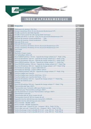 I N D E X A L P H A N U M E R I Q U E 
17 
17-LC 
18-D 
18-DT 
18-LC 
18-T 
18-2T 
19-C 
19-E 
21-LC 
22-LC 
27 
27-C 
27-M 
30-H 
30-R 
31-R 
32-R 
33-R 
33-RN 
34-R 
35-C 
35-D 
35-R 
36 
36-C 
36-D 
36-R 
37-H 
37-P 
37-R 
38 
38-A 
38-CO 
38-E 
38-R 
39 
39-C 
40 
40-C 
42 
42-B 
44 
44-S 
47-1 
47-3 
Vilebrequin de saboteur «Vire-Vire» 
Anneau caoutchouc Ø int. 45 mm (Accessoire Boulonneuse S1P) 
Tenaille à porter les rails (Rails Vignole) 
Tenaille à main à porter les rails à gorge (Rails Tramways) 
Goupille acier Ø int. 5 x 45 mm - Long. 45 mm (Accessoire Boulonneuse S1P) 
Perceuse de traverses «Grand rendement» - 1 Tête 
Perceuse de traverses «Grand rendement» - 2 Têtes 
Balai plat (fil de coco) 
Balai plat (fil d’acier traité) 
Anneau caoutchouc Ø intérieur 58 mm (Accessoire Boulonneuse S1P) 
Anneau caoutchouc Ø intérieur 50 mm (Accessoire Boulonneuse S1P) 
Scie à main 
Croissant 
Machette «Coupe-coupe» 
Cric hydraulique relève-rail 
Roue ACIER Ø extérieur 118 mm - Capacité de charge unitaire 0,5 T - Poids 1,8 Kg 
Roue ALU Ø extérieur 160 mm - Capacité de charge unitaire 0,5 T - Poids 2,3 Kg 
Roue ALU Ø extérieur 200 mm - Capacité de charge unitaire 0,5 T - Poids 2,8 Kg 
Roue ACIER Ø extérieur 190 mm - Capacité de charge unitaire 1 T - Poids 6 Kg 
Roue NYLON Ø extérieur 190 mm - Capacité de charge unitaire 0,5 T - Poids 4 Kg 
Roue ALU Ø extérieur 285 mm - Capacité de charge unitaire 1,25 T - Poids 10 Kg 
Herminette de sabotage - Largeur taillant 80 mm 
Herminette de sabotage - Largeur taillant 120mm 
Roue ACIER Ø extérieur 290 mm - Capacité de charge unitaire 3 T - Poids 15 Kg 
Fourche à ballast sans manche 
Fourche à ballast avec manche cintré long. 1,35 m 
Fourche à ballast avec manche droit long. 1,10 m 
Roue ALU Ø extérieur 320 mm - Capacité de charge unitaire 1 T - Poids 8 Kg 
Refouloir de tirefond cassés 
Pointeau 
Roue ALU Ø extérieur 550 mm - Capacité de charge unitaire 2 T - Poids 17 Kg 
Thermomètre plat Type «SNCF» 
Thermomètre avec 2 aimants collés (pour fixation au rails) 
Coffret bois pour Thermomètre à rail type «SNCF» 
Etui de protection en cuir pour Thermomètre à rail type «SNCF» 
Thermomètre à rail rond 
Thermomètre plat réf. 38 en coupon de rail 
Thermomètre rond réf. 38-R en coupon de rail 
Appareil à tirer les rails de long à jeu manuel dit «CHOELER» 
Appareil à tirer les rails de long à jeu avec chaîne 
Pince à traveler - Modèle «SNCF» 
Pince à traveler - Modèle «Entreprise» 
Pince à riper à oeil - Corps Ø 35 mm - Longueur 1,80 m - Poids 14,5 Kg 
Pince à riper sans oeil - Corps Ø 35 mm - Longueur 1,80 m - Poids 14,5 Kg 
Tarière de perçage à main (à douille) Ø 22 mm - Long. 400 mm - Poids 450 gr. 
Tarière de perçage à main (à douille) Ø 52 mm - Long. 400 mm - Poids 980 gr. 
47/3 
3-2/2 
44/3 
44/3 
3-2/2 
14/1 
14/1 
2/3 
2/3 
3-2/2 
3-2/2 
40/3 
22/3 
22/3 
2/5 
5/4 
5/4 
5/4 
5/4 
5/4 
5/4 
9/3 
9/3 
5/4 
15/3 
15/3 
15/3 
5/4 
37/3 
37/3 
37/3 
11/7 
11/7 
11/7 
11/7 
11/7 
11/7 
11/7 
1/3 
1/3 
31/3 
31/3 
29/3 
29/3 
43/3 
43/3 
Réf. Désignation Page 
 